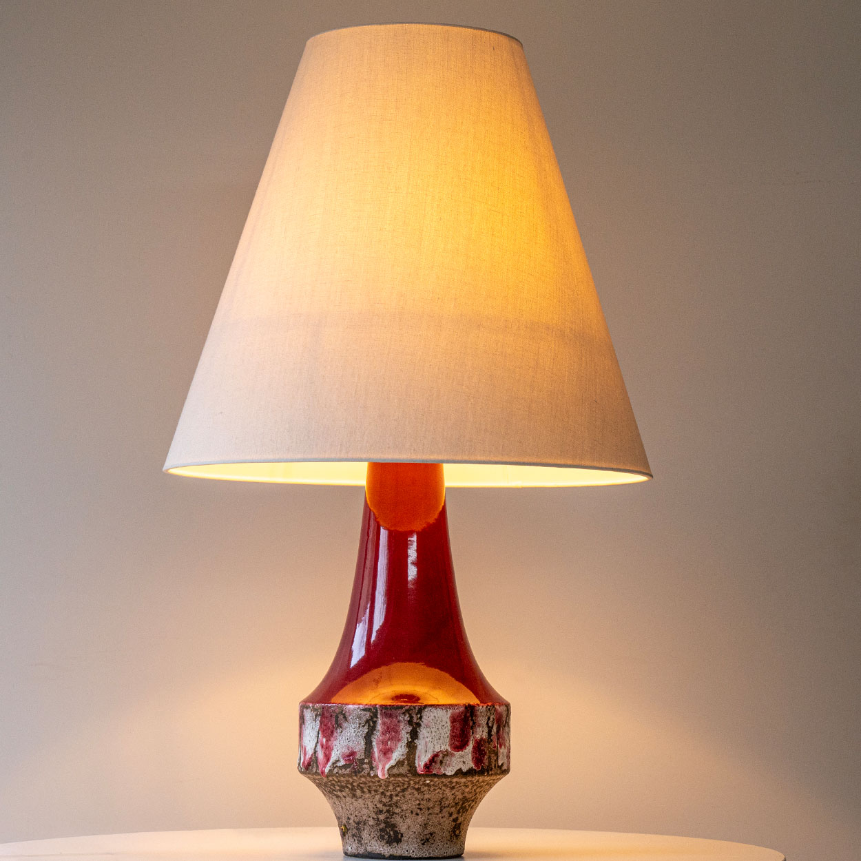 Cherry Red Sculptural Ceramic Lamp, Custom White Tapered Lampshade by R. Houben