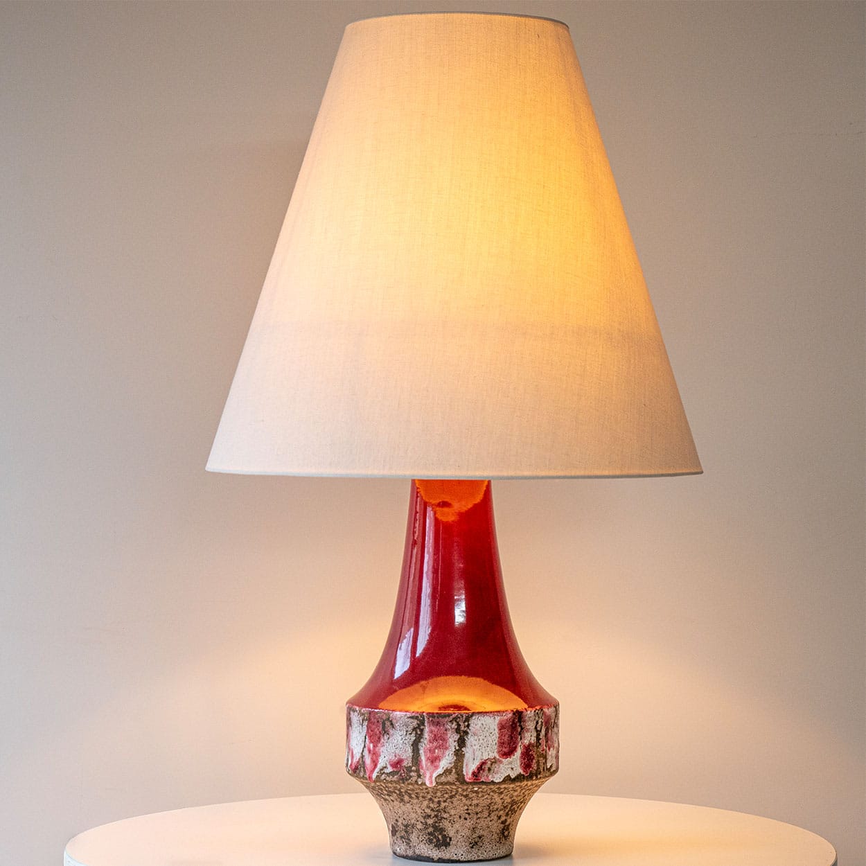 Cherry Red Sculptural Ceramic Lamp, Custom White Tapered Lampshade by R. Houben