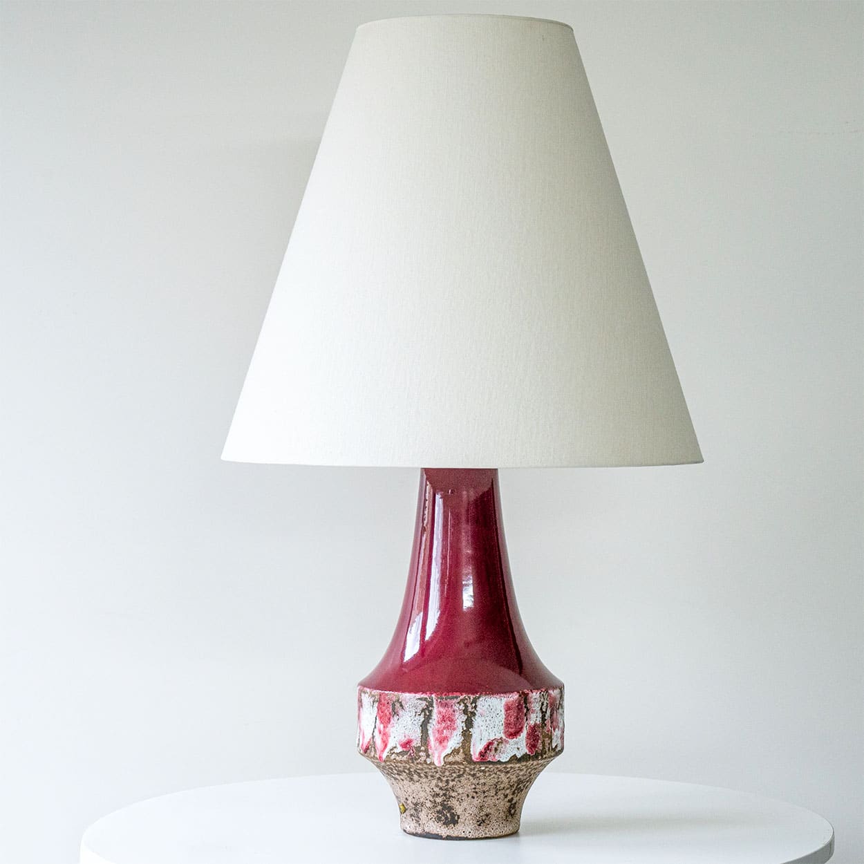 Cherry Red Sculptural Ceramic Lamp, Custom White Tapered Lampshade by R. Houben