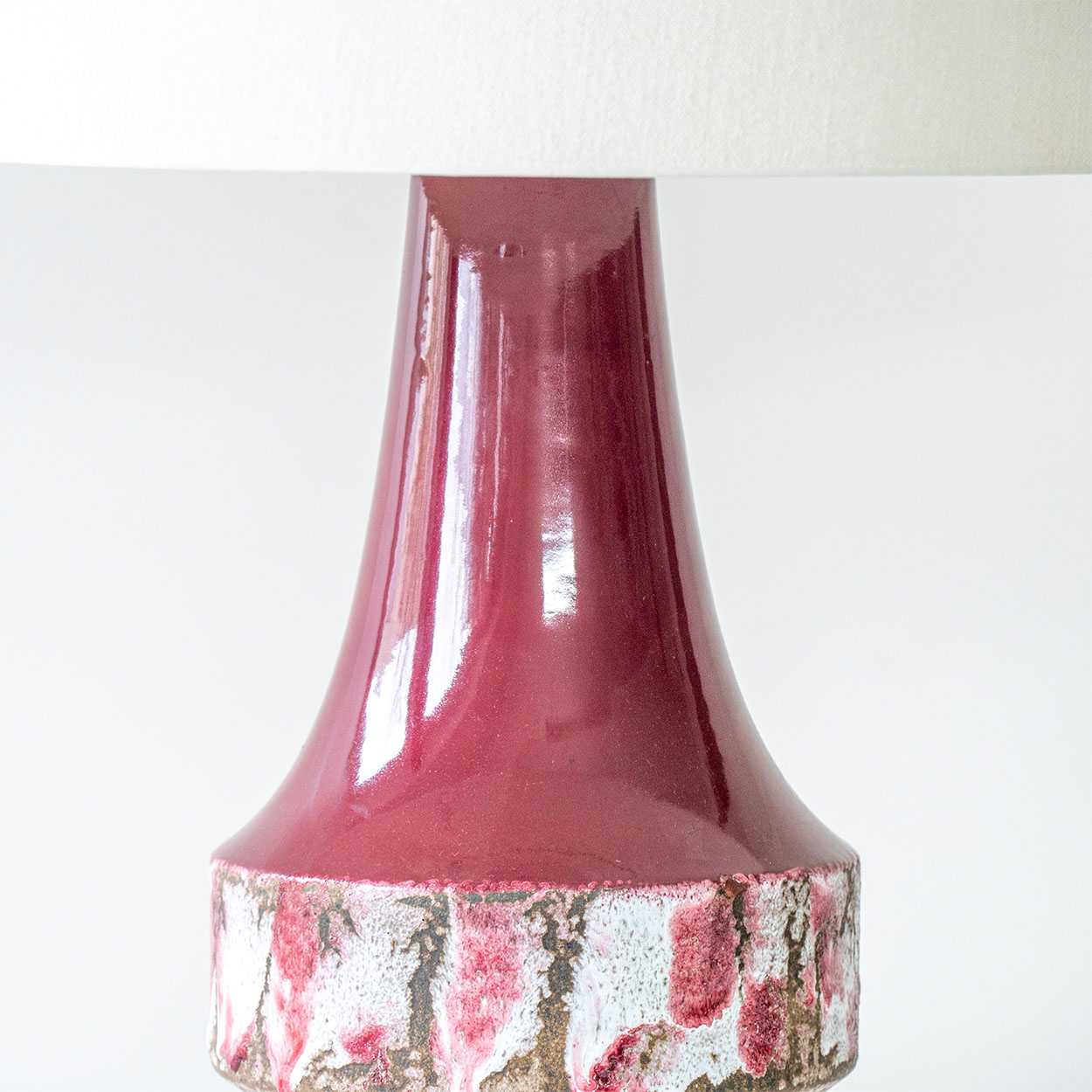 Cherry Red Sculptural Ceramic Lamp, Custom White Tapered Lampshade by R. Houben