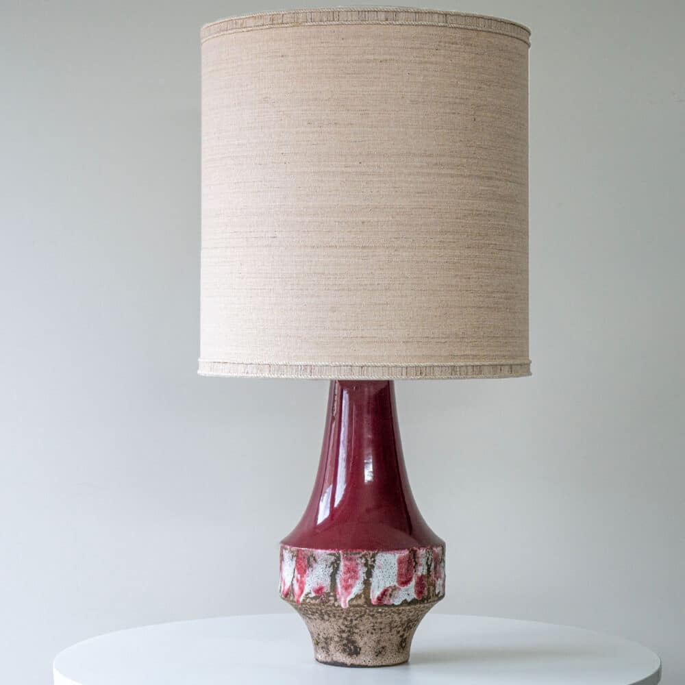 Cherry Red Sculptural Ceramic Lamp, Custom Beige Circular Lampshade by R. Houben