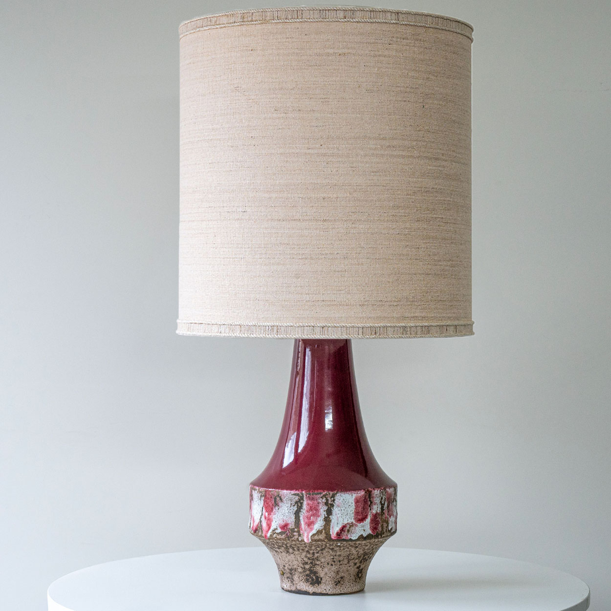 Cherry Red Sculptural Ceramic Lamp, Custom White Tapered Lampshade by R. Houben