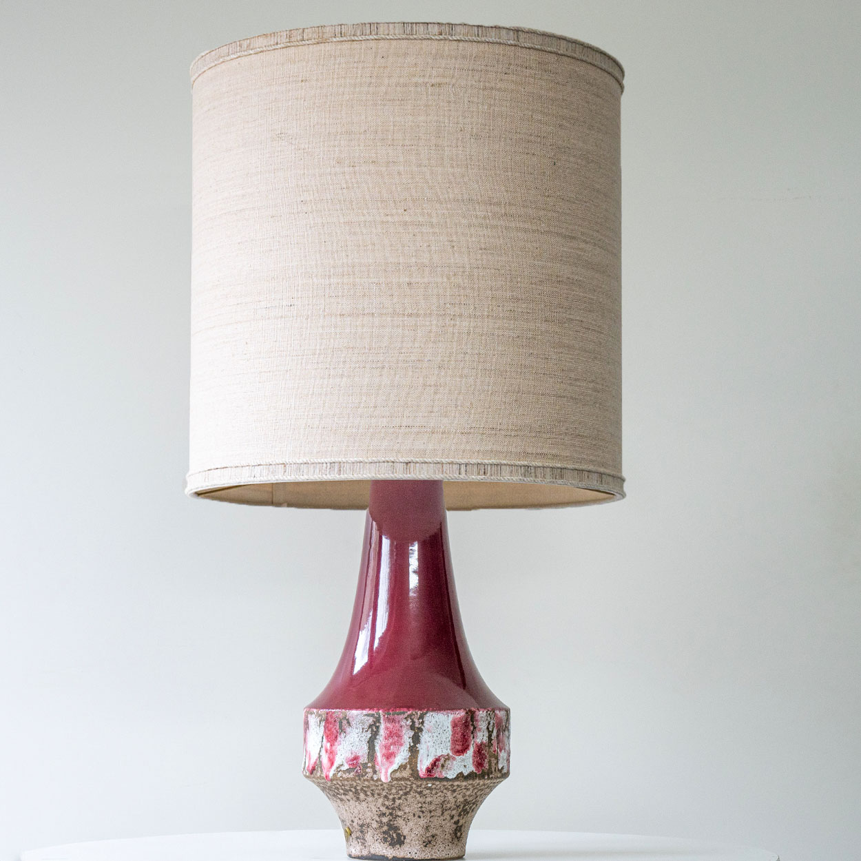 Cherry Red Sculptural Ceramic Lamp, Custom Beige Circular Lampshade by R. Houben