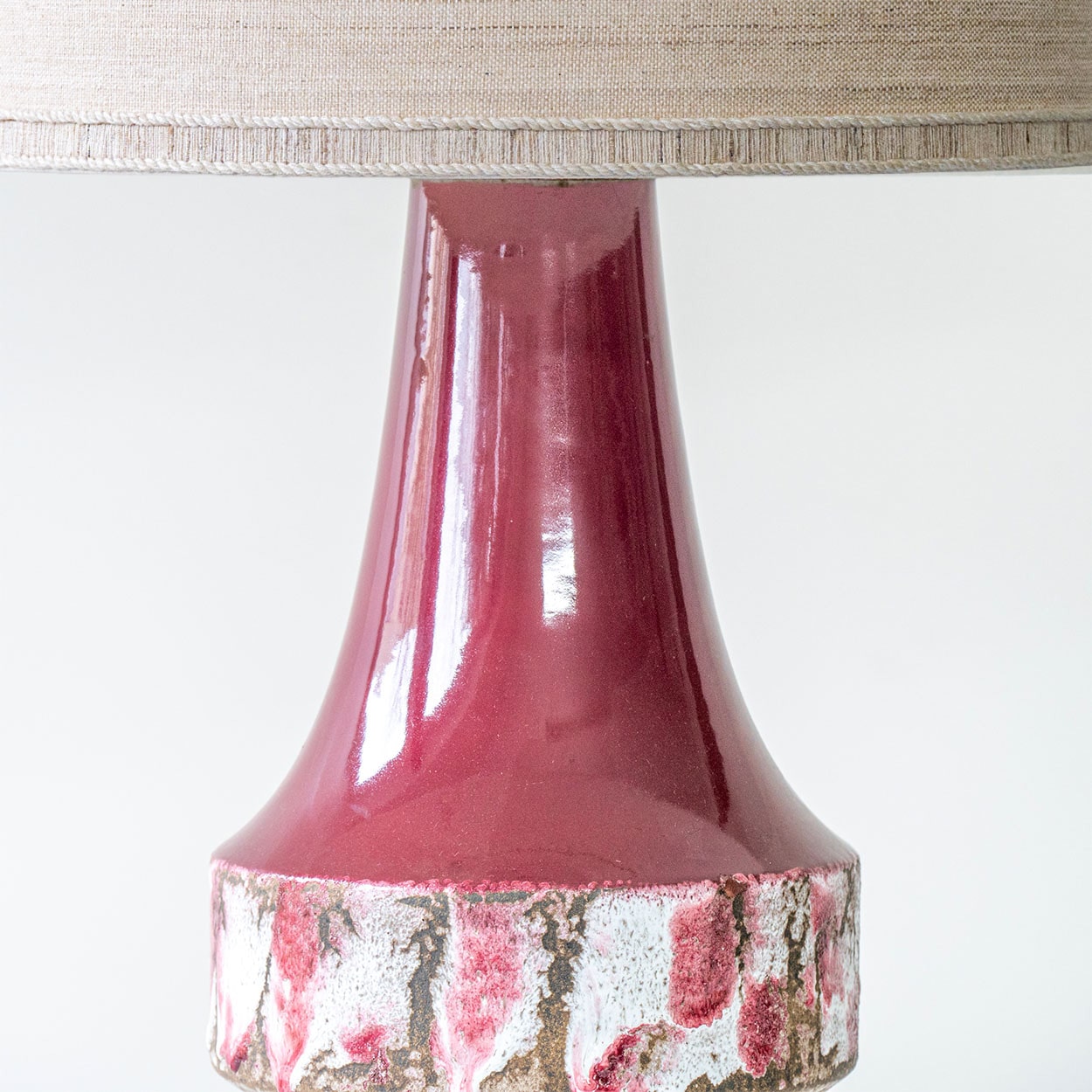 Cherry Red Sculptural Ceramic Lamp, Custom Beige Circular Lampshade by R. Houben