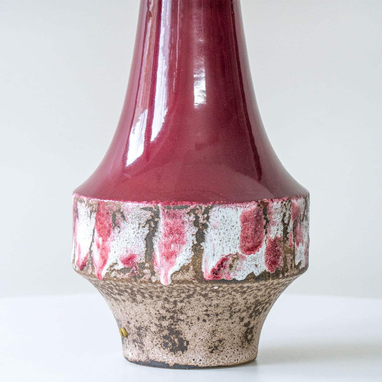 Cherry Red Sculptural Ceramic Lamp, Custom Beige Circular Lampshade by R. Houben