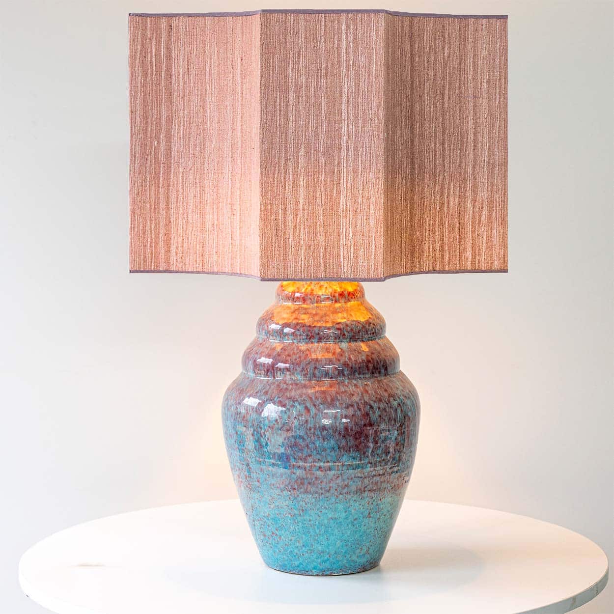 Speckled Multicolor Ceramic Lamp, Custom Dusty Pink Lampshade by R. Houben