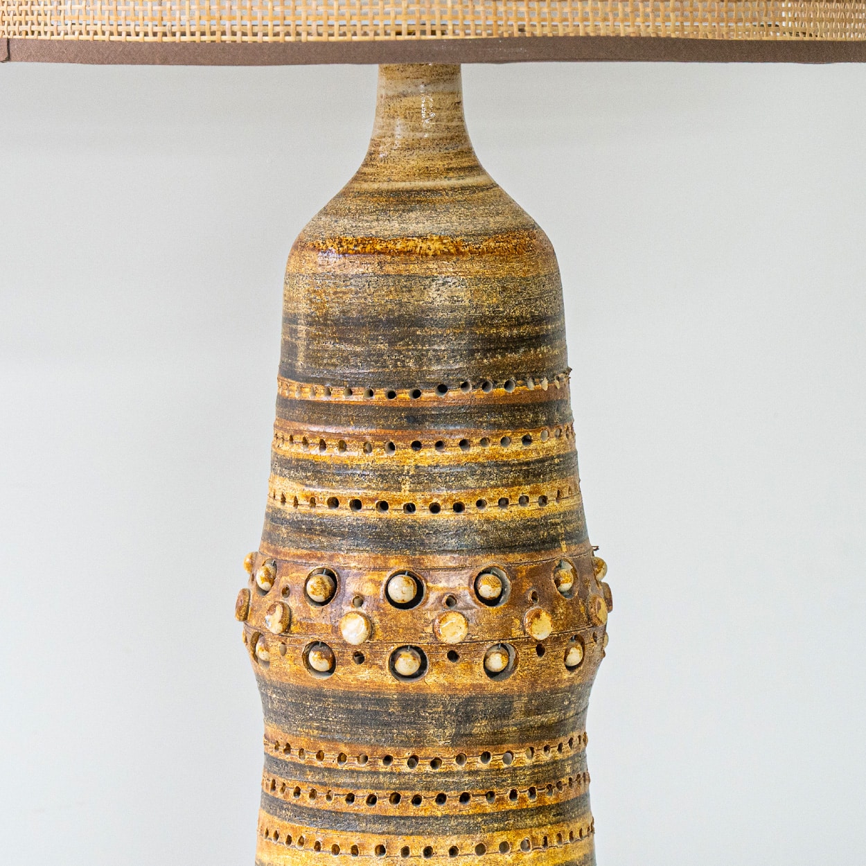 Georges Pelletier Brown Ceramic Lamp, Custom Double Silk Rattan Lampshade