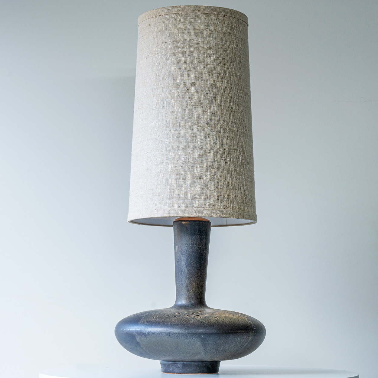 Sculptural Wide Disc Ceramic Lamp, Neutral Custom Lampshade by R. Houben