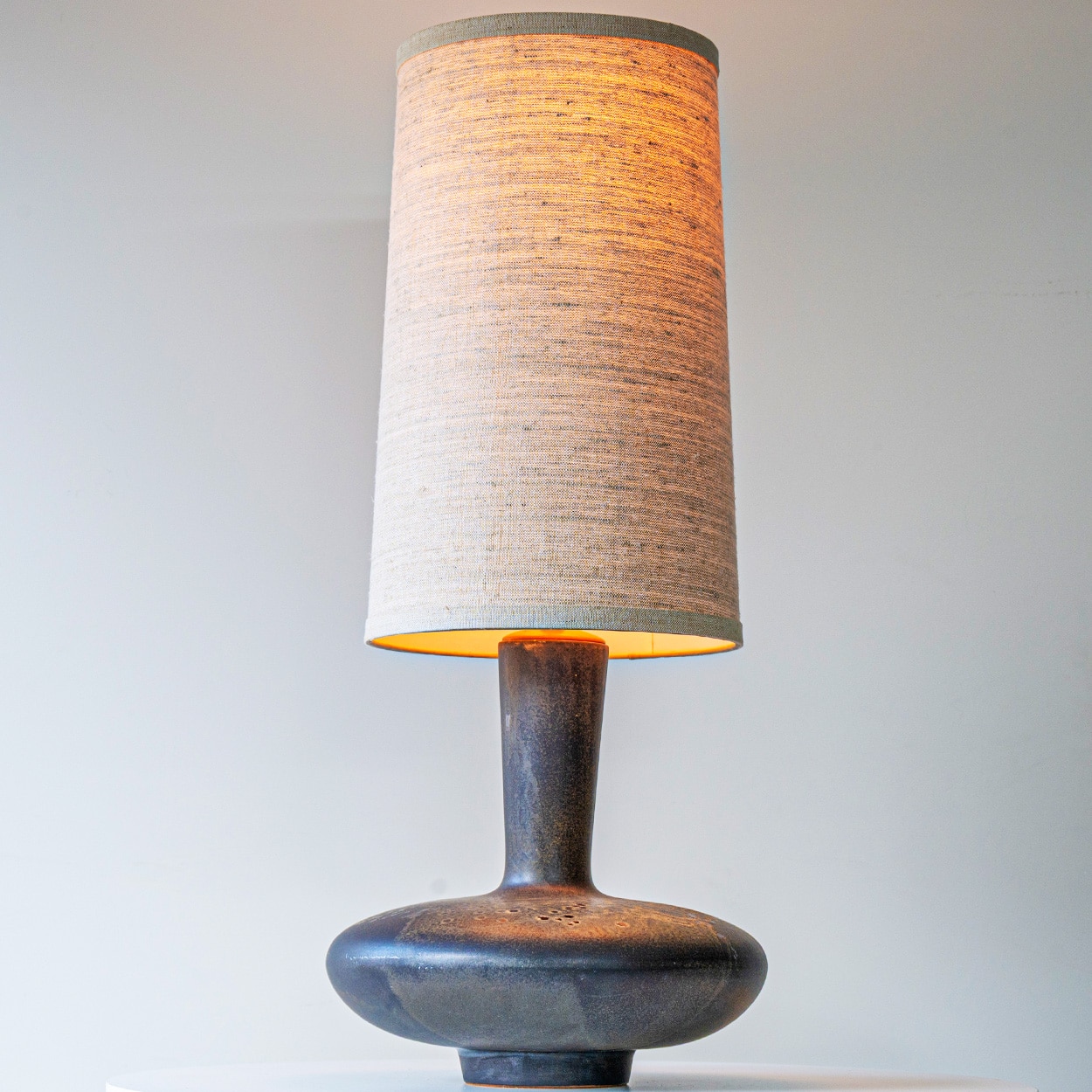 Sculptural Wide Disc Ceramic Lamp, Neutral Custom Lampshade by R. Houben