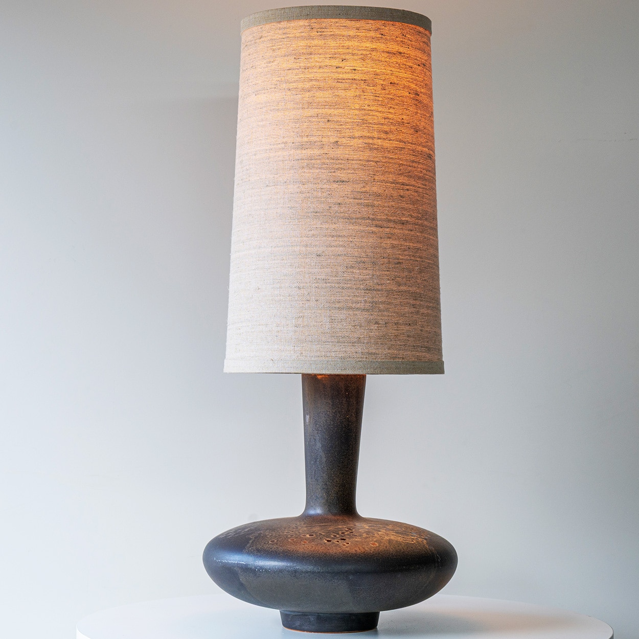Sculptural Wide Disc Ceramic Lamp, Neutral Custom Lampshade by R. Houben