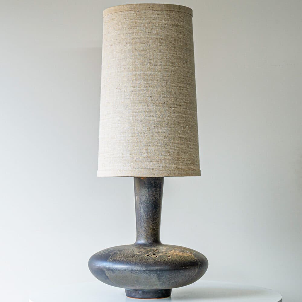 Sculptural Wide Disc Ceramic Lamp, Neutral Custom Lampshade by R. Houben