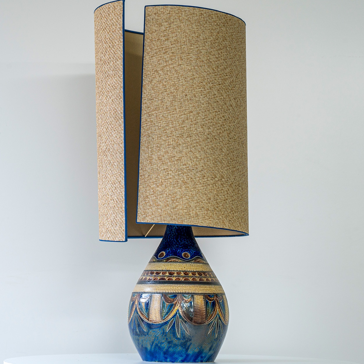 Hanne Blue and Brown Ceramic Lamp, Custom Lampshade by R. Houben
