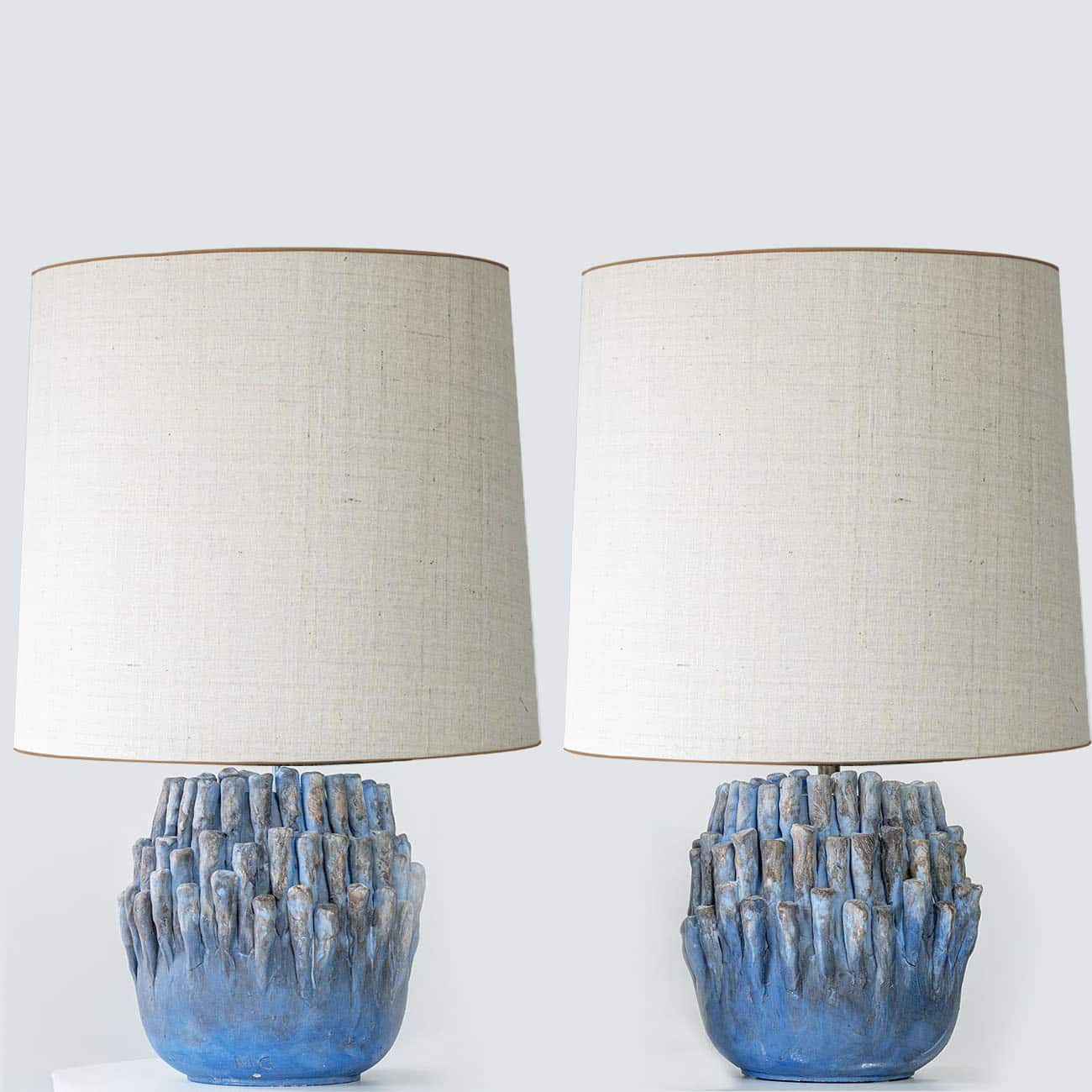 Round Blue Coral Ceramic Lamp, Custom White Silk Lampshade by R. Houben
