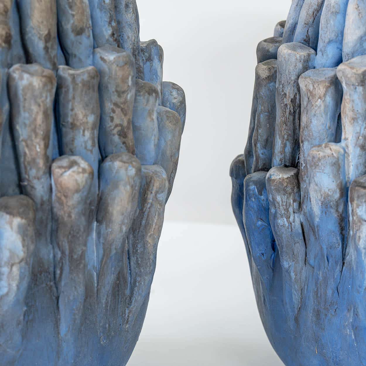 Round Blue Coral Ceramic Lamp, Custom White Silk Lampshade by R. Houben