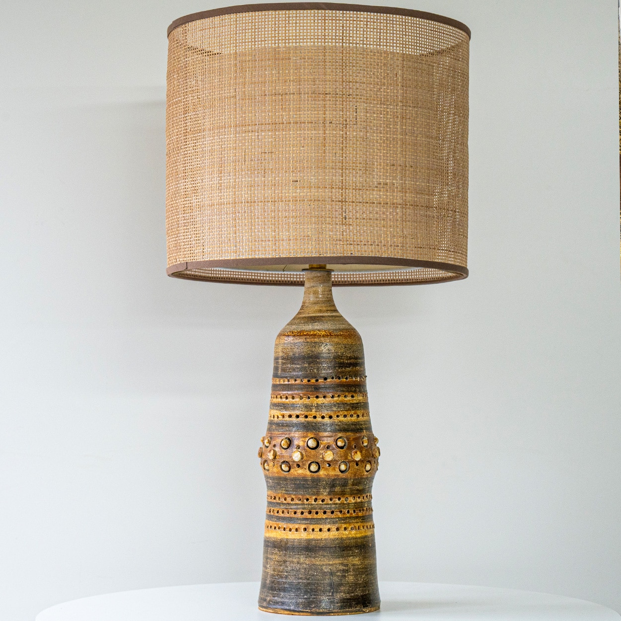 Georges Pelletier Brown Ceramic Lamp, Custom Double Silk Rattan Lampshade
