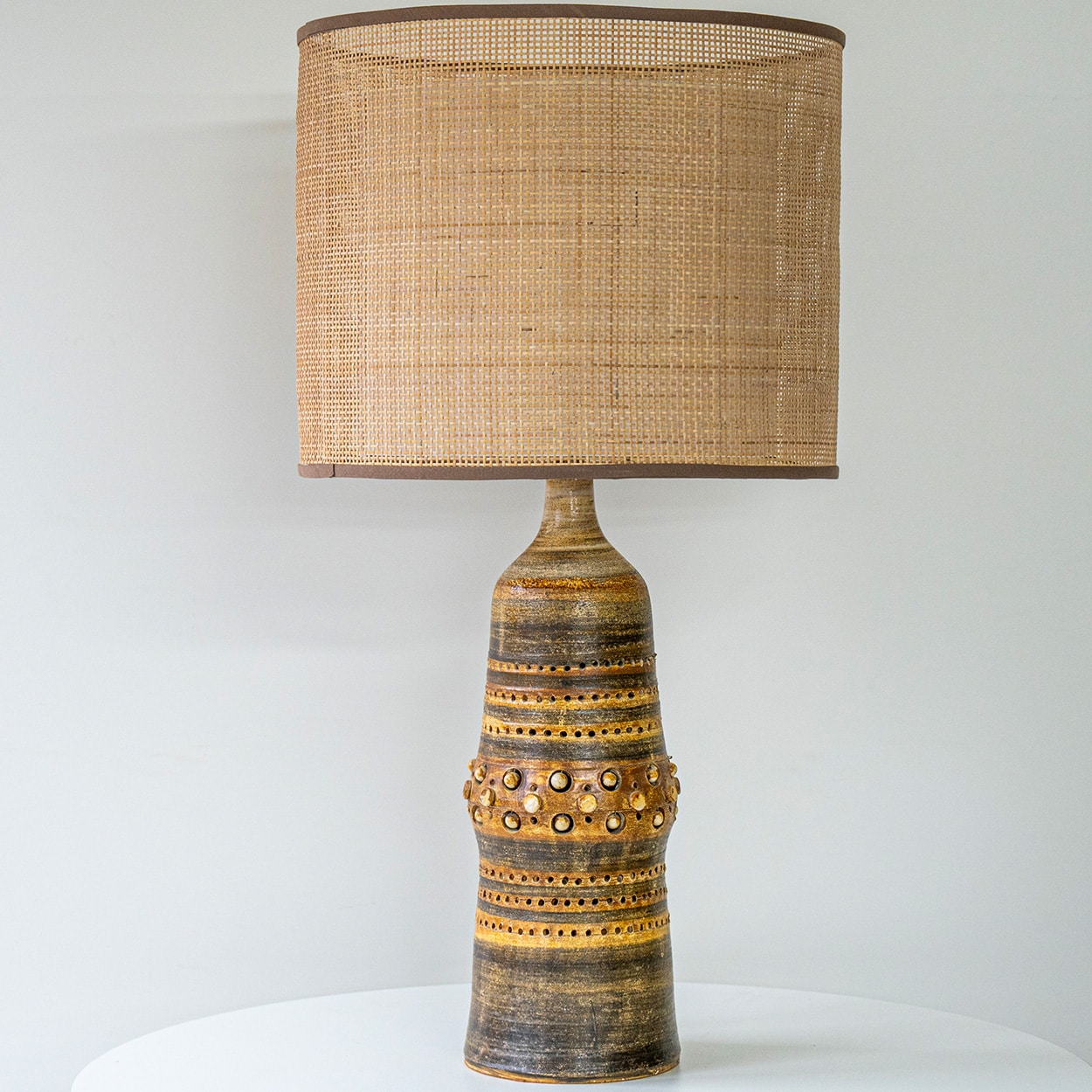 Georges Pelletier Brown Ceramic Lamp, Custom Double Silk Rattan Lampshade