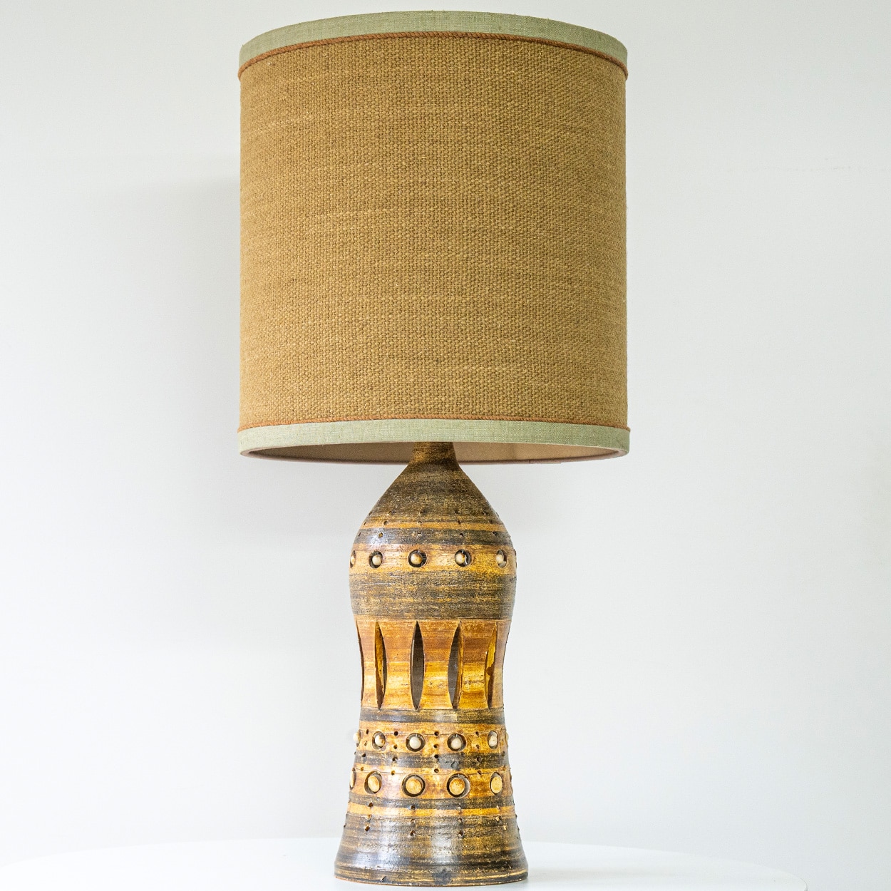 Georges Pelletier Brown Gold Ceramic Lamp, Custom Silk Lampshade by R. Houben