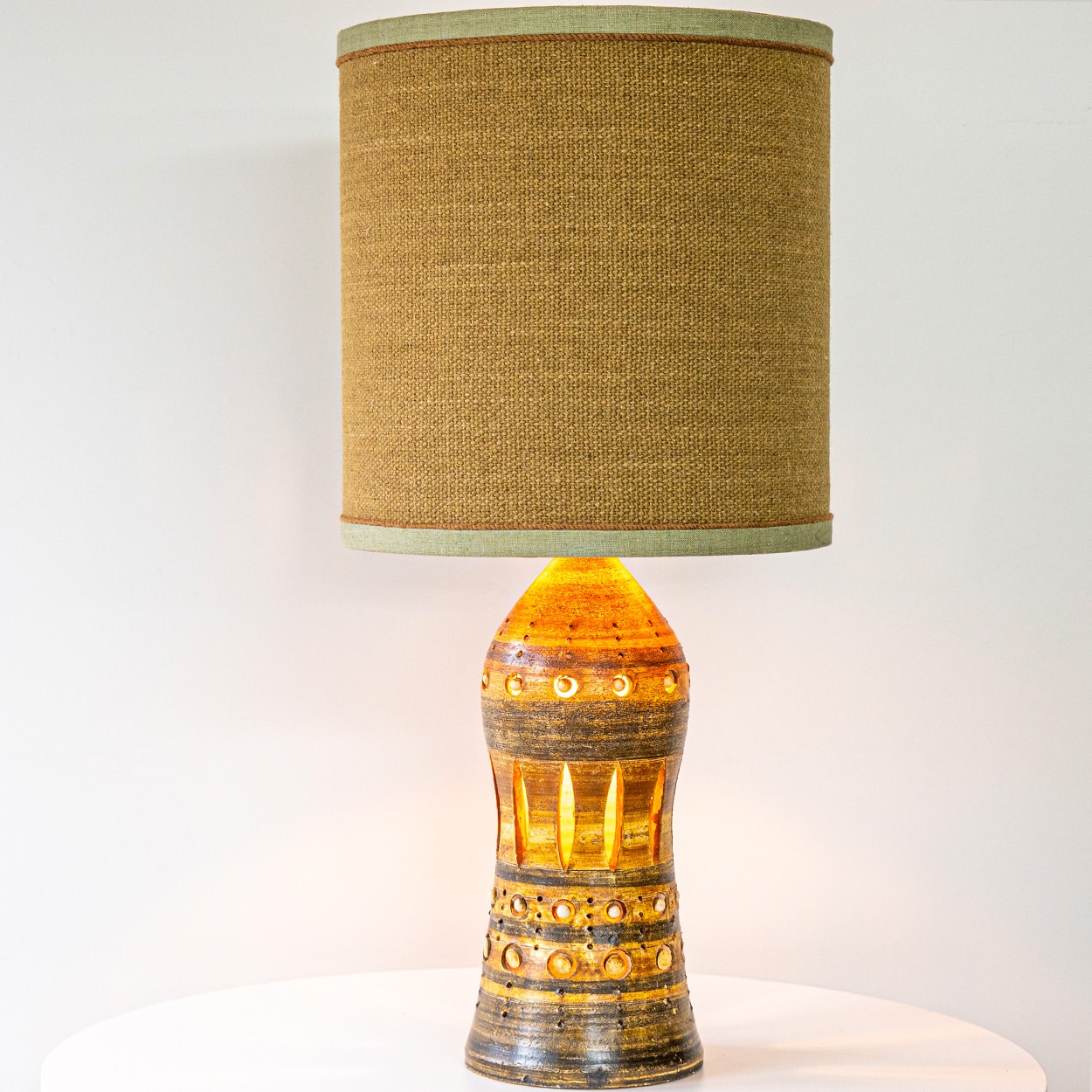 Georges Pelletier Brown Gold Ceramic Lamp, Custom Silk Lampshade by R. Houben