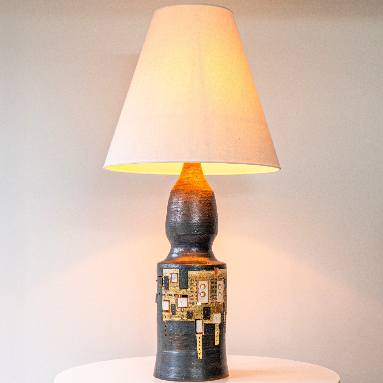 1 of the 7 Georges Pelletier Ceramic Lamps, Custom Silk Shades by R. Houben