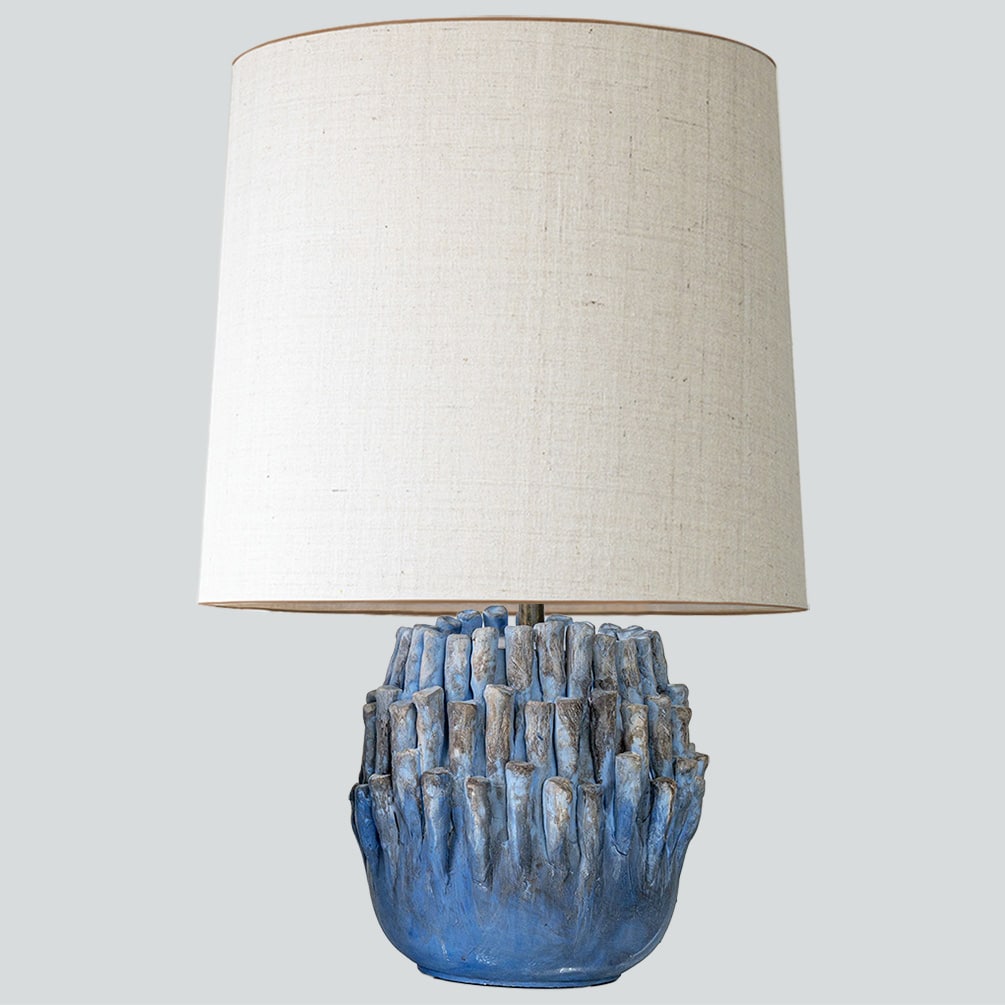 Round Blue Coral Ceramic Lamp, Custom White Silk Lampshade by R. Houben