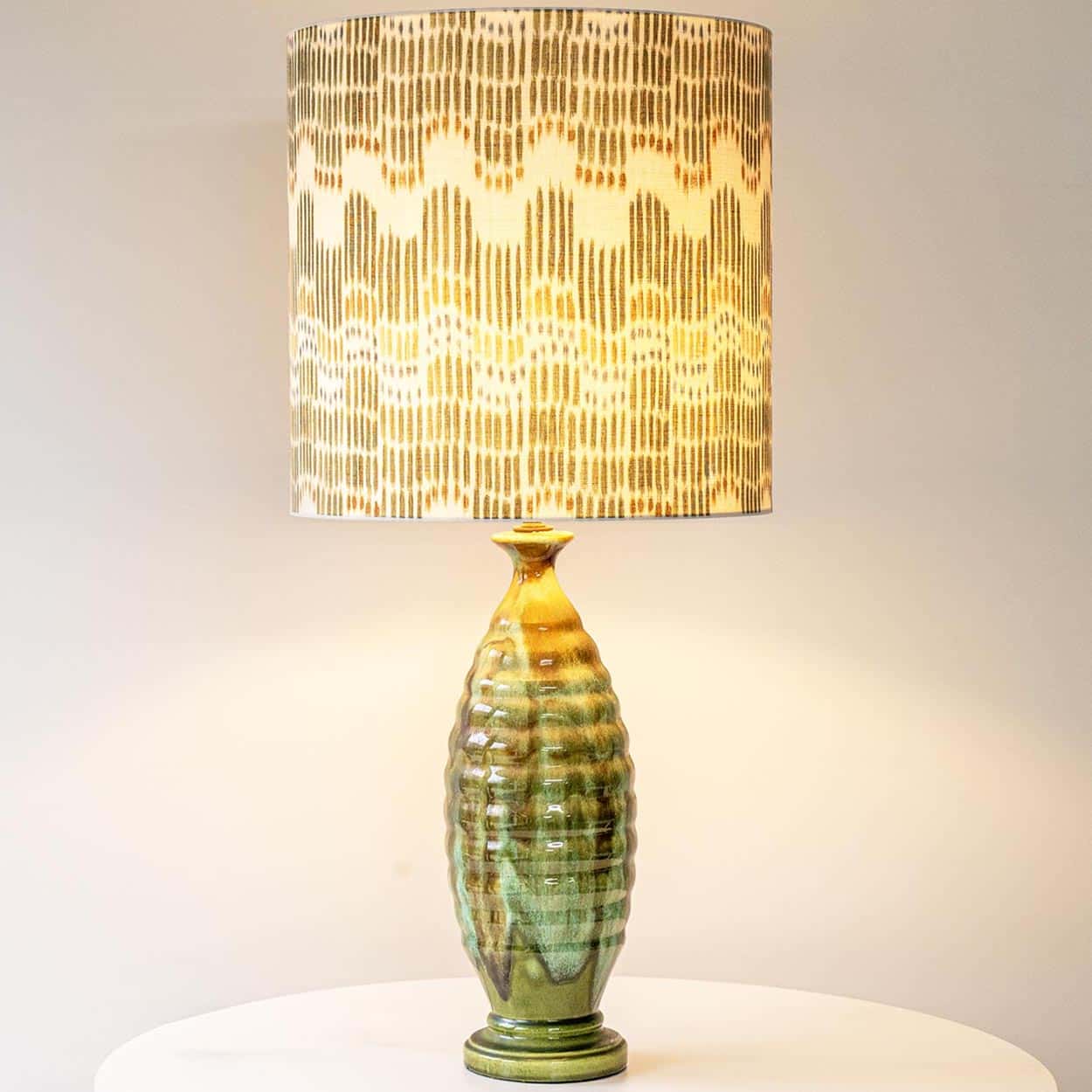 Green Ceramic Curved Lamp, Custom Made Green Orange White Lampshade by R. Houben