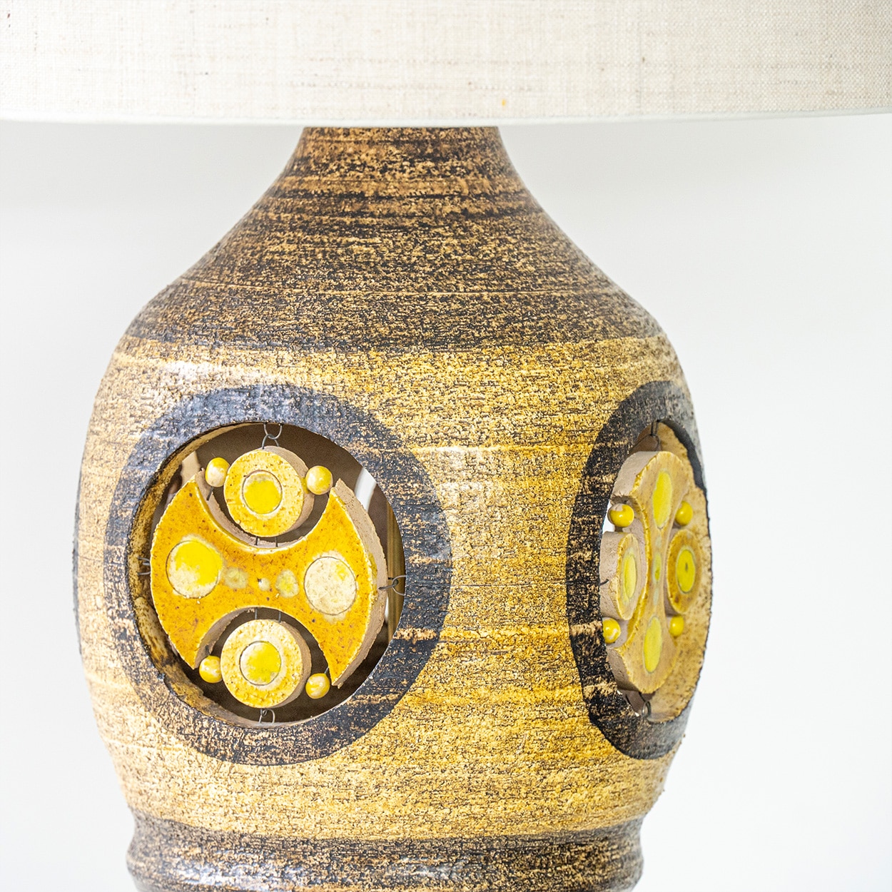 XL Pelletier Brown Warm Tones Ceramic Lamp, Custom Silk Lampshade by R. Houben