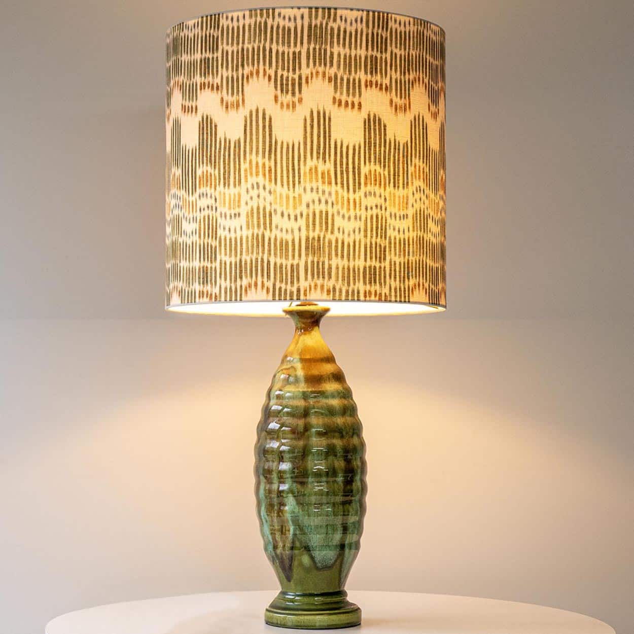 Green Ceramic Curved Lamp, Custom Made Green Orange White Lampshade by R. Houben