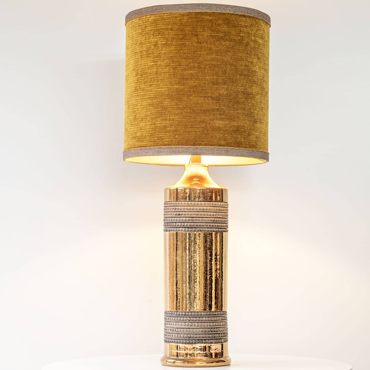 Bitossi Gold Ceramic Lamp, Custom Brown Lampshade by R. Houben