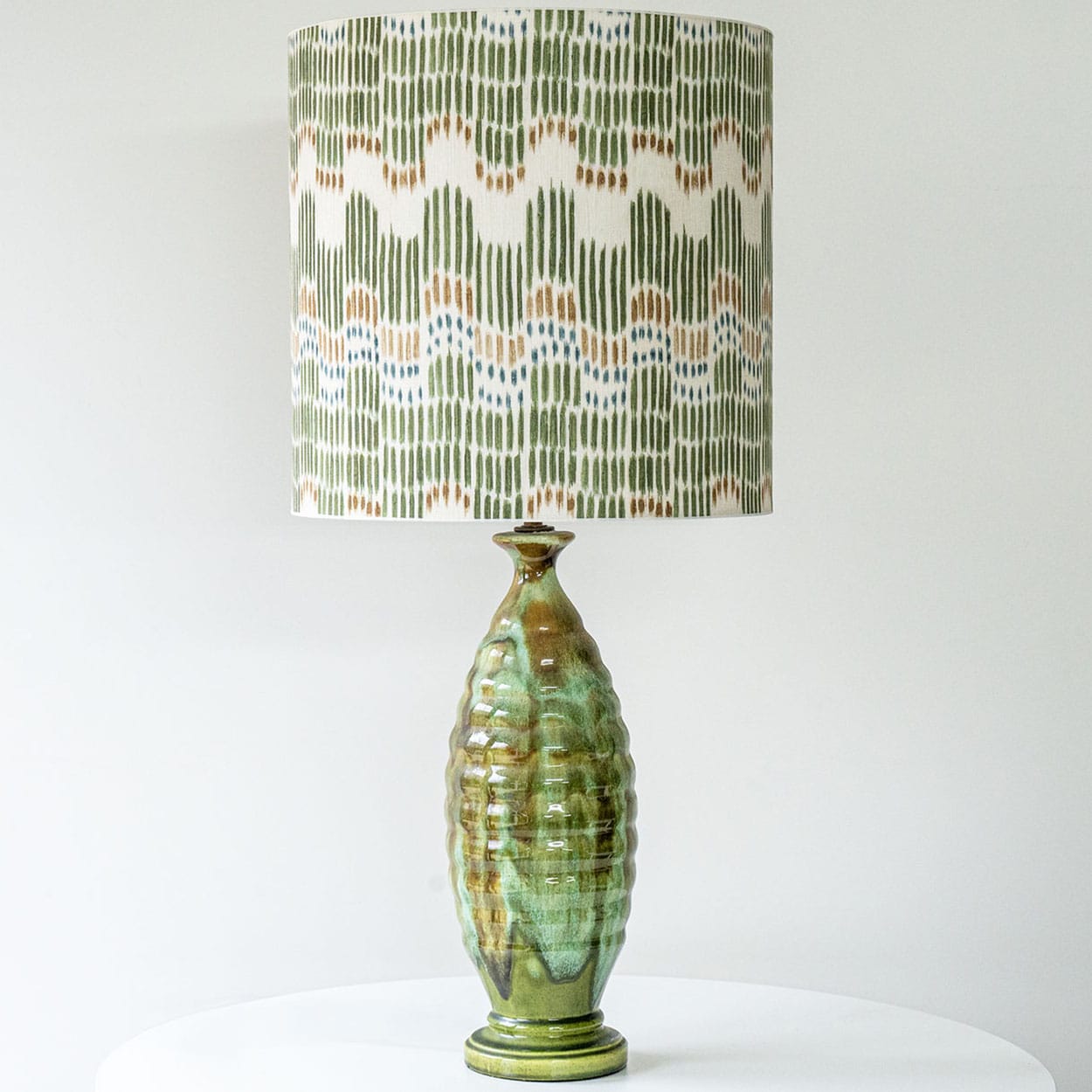 Green Ceramic Curved Lamp, Custom Made Green Orange White Lampshade by R. Houben