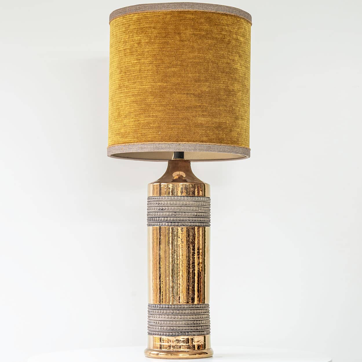 Bitossi Gold Ceramic Lamp, Custom Brown Lampshade by R. Houben