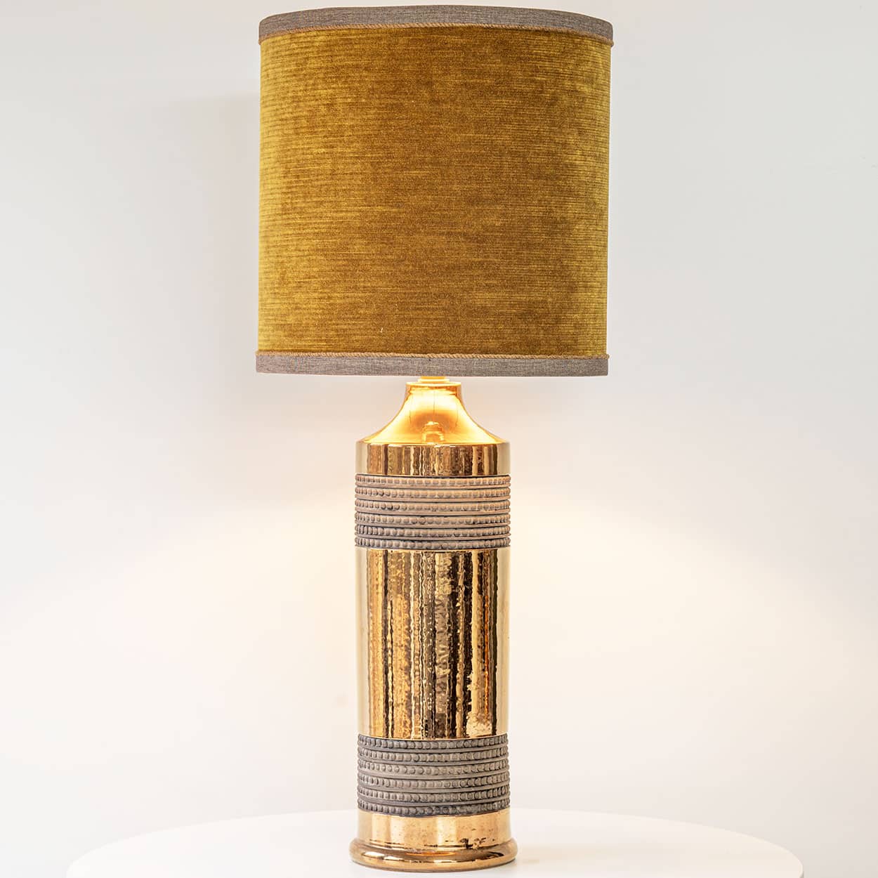 Bitossi Gold Ceramic Lamp, Custom Brown Lampshade by R. Houben