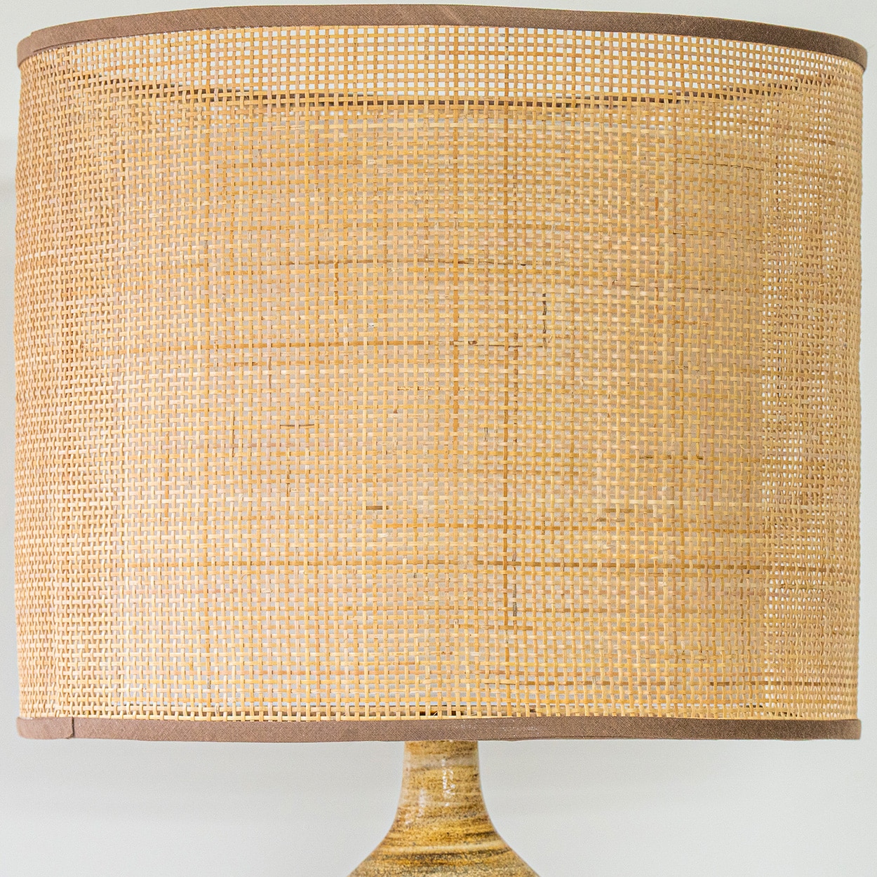 Georges Pelletier Brown Ceramic Lamp, Custom Double Silk Rattan Lampshade