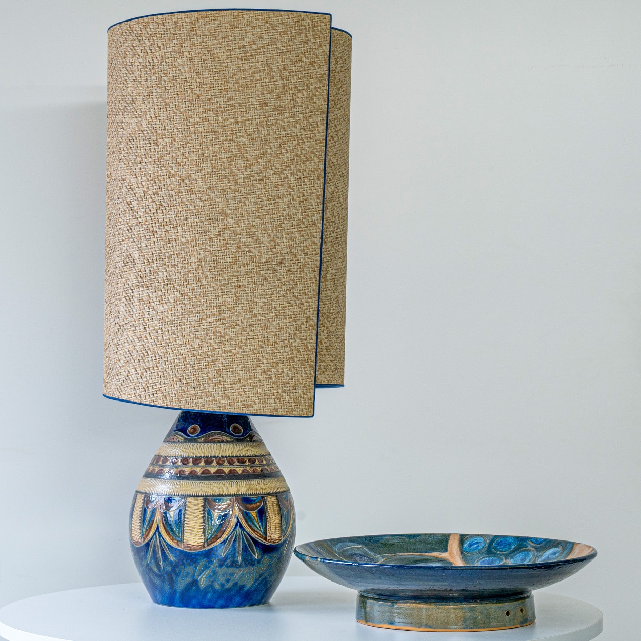 Hanne Blue and Brown Ceramic Lamp, Custom Lampshade by R. Houben
