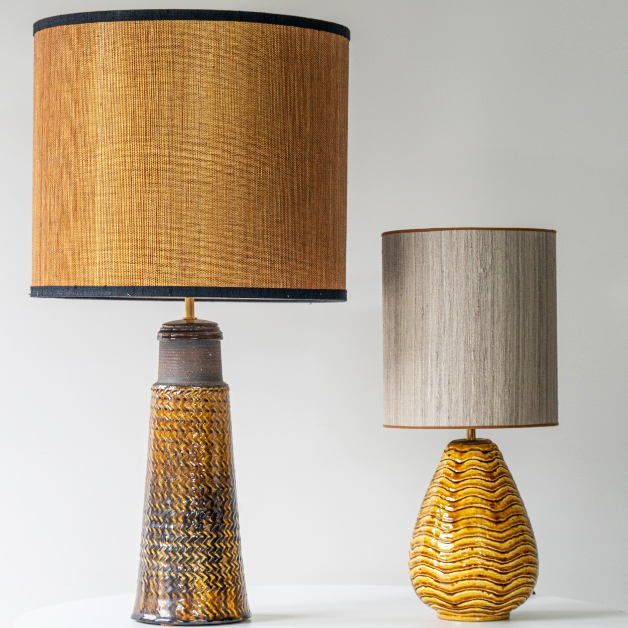 Gunnar Nylund Wave Ceramic Lamp, Beige Custom Lampshade by R. Houben