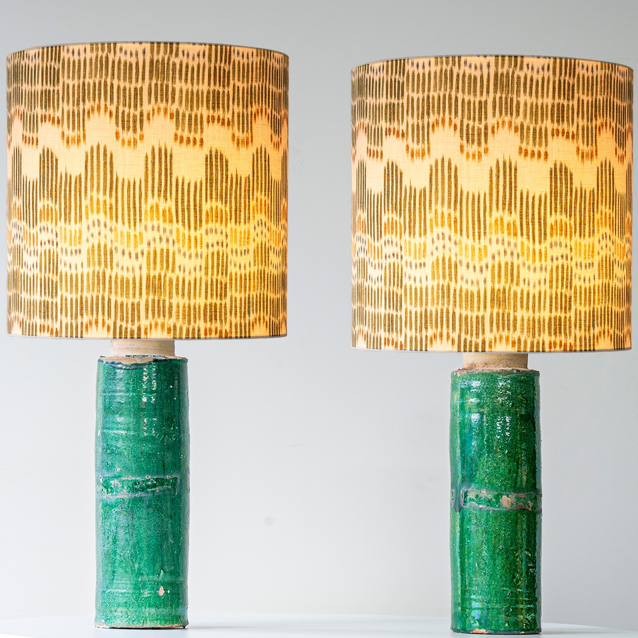 1 of the 2 Green Ceramic Lamps, Custom Multicolor Lampshade by R. Houben