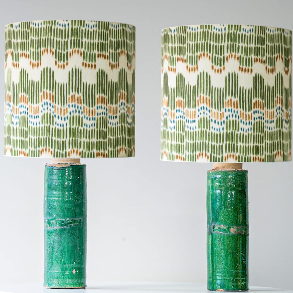 1 of the 2 Green Ceramic Lamps, Custom Multicolor Lampshade by R. Houben