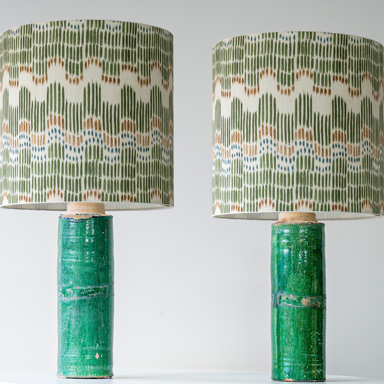 1 of the 2 Green Ceramic Lamps, Custom Multicolor Lampshade by R. Houben