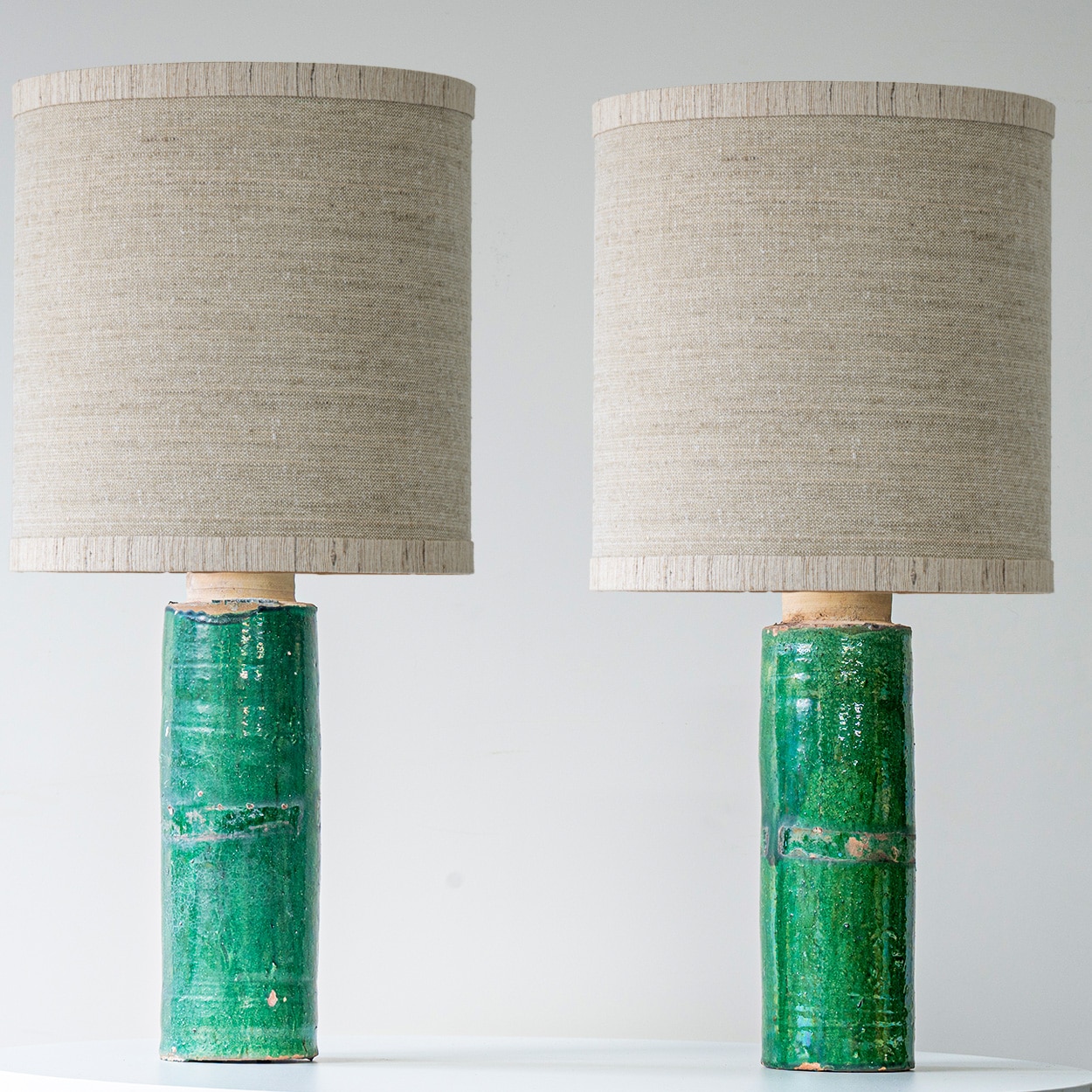 1 of the Several Green Ceramic Lamps, Custom Beige Lampshade by R. Houben