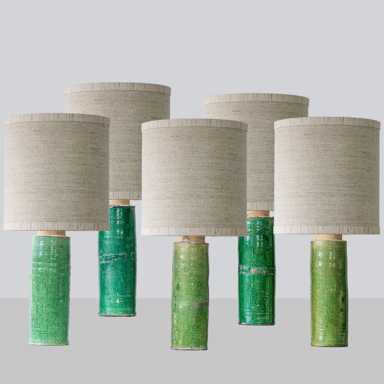 1 of the Several Green Ceramic Lamps, Custom Beige Lampshade by R. Houben