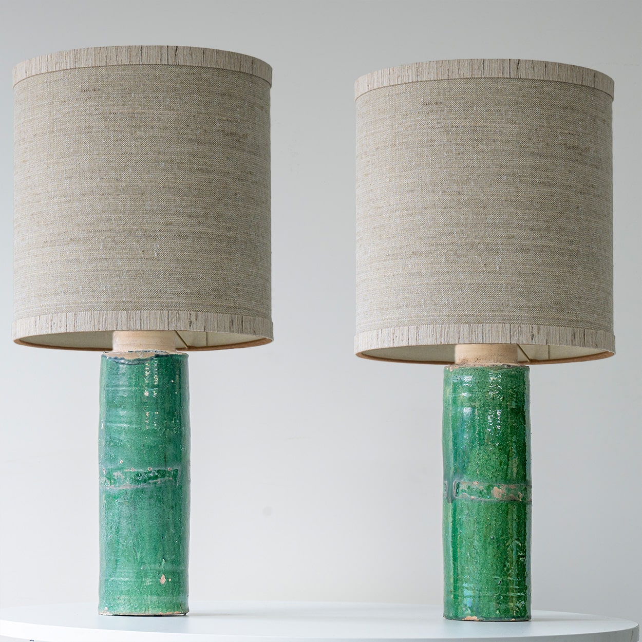 1 of the Several Green Ceramic Lamps, Custom Beige Lampshade by R. Houben