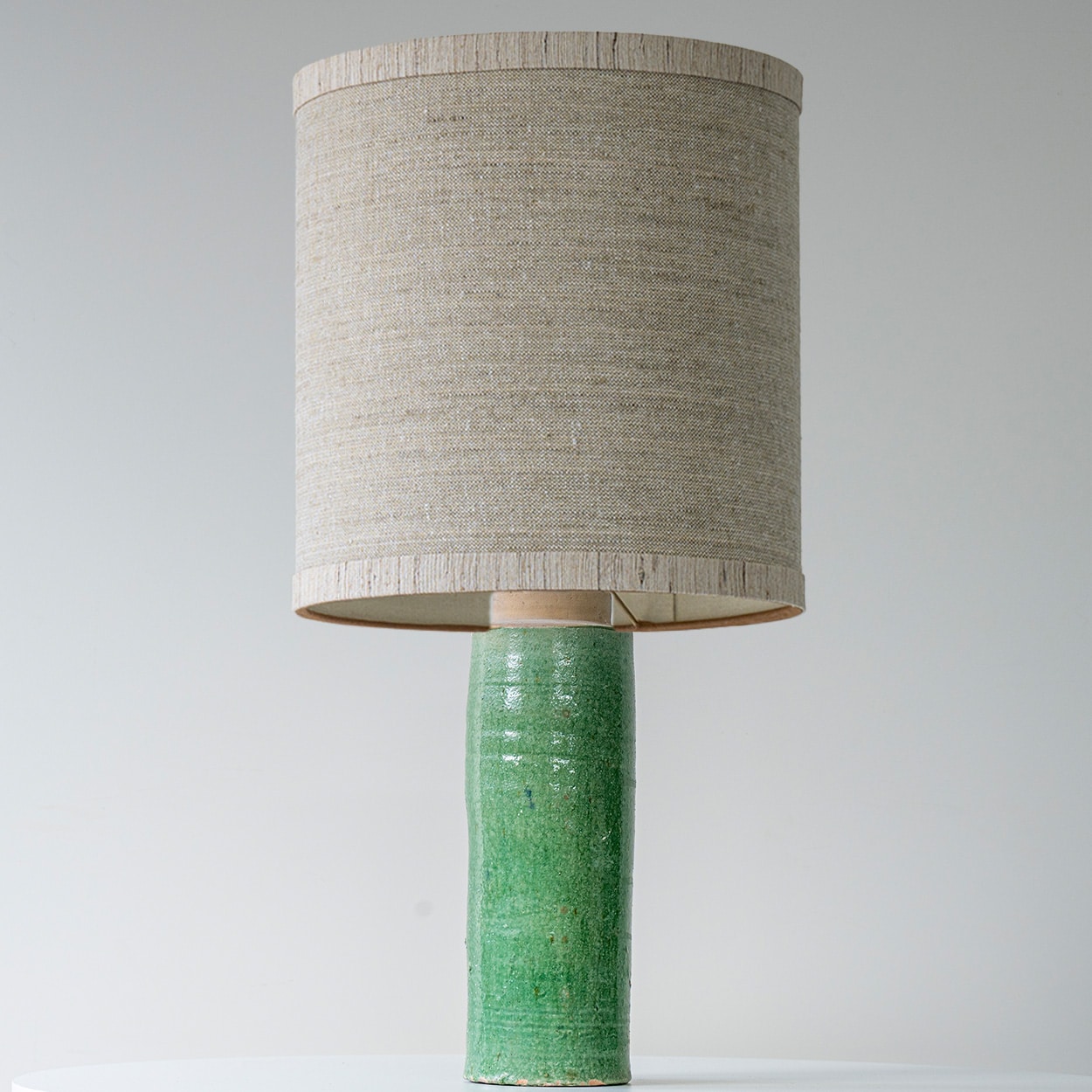 1 of the Several Green Ceramic Lamps, Custom Beige Lampshade by R. Houben