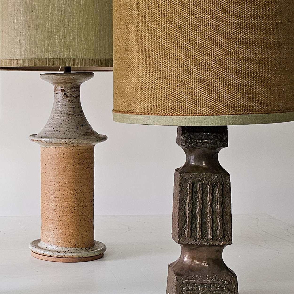 1 of the 4 Green Brown Ceramic Lamps with Custom Lampshades by R. Houben