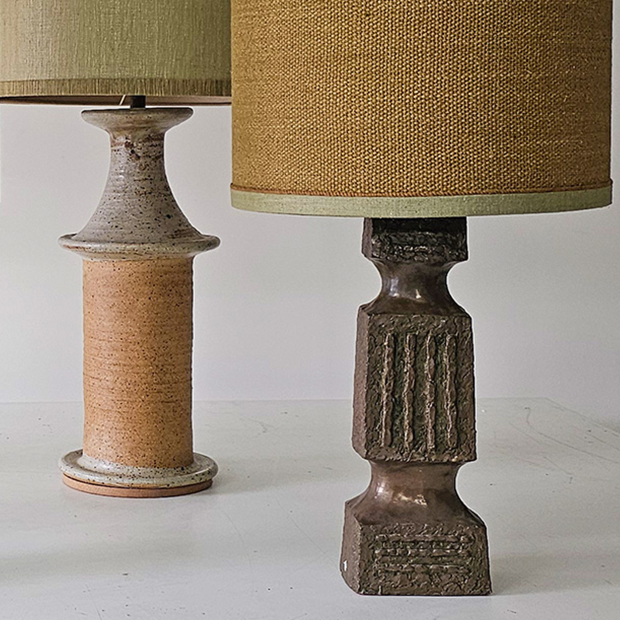 1 of the 4 Green Brown Ceramic Lamps with Custom Lampshades by R. Houben