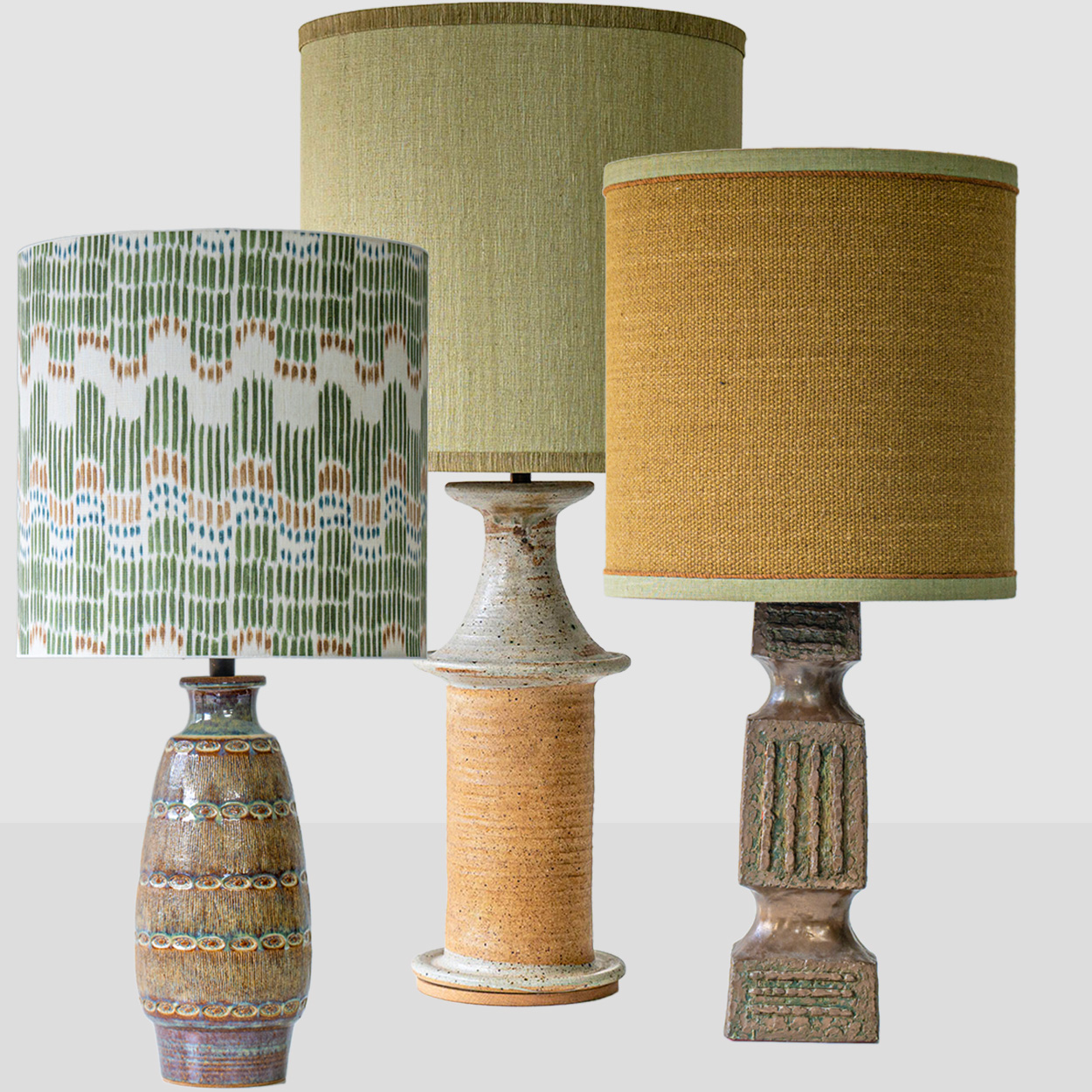 1 of the 4 Green Brown Ceramic Lamps with Custom Lampshades by R. Houben