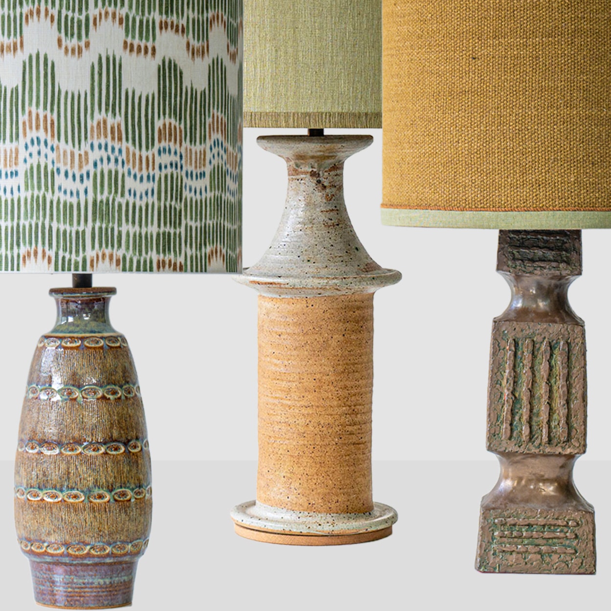 1 of the 4 Green Brown Ceramic Lamps with Custom Lampshades by R. Houben