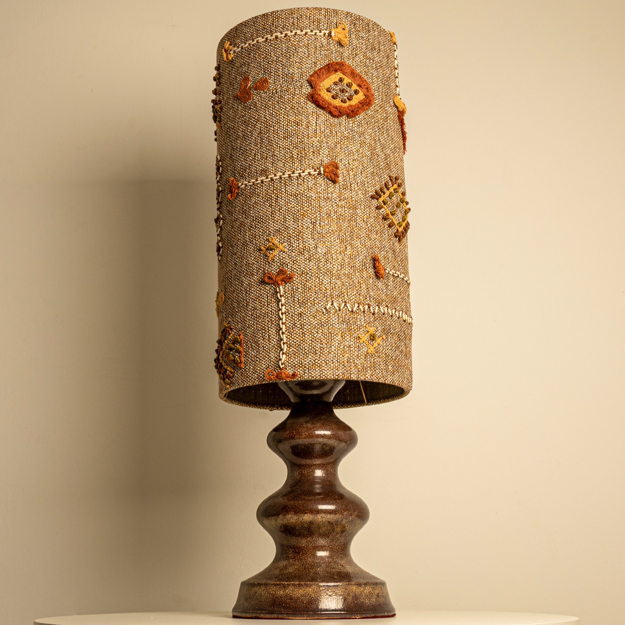 Brown Ceramic Table Lamp Earth Tones Emboidery Lampshade by R. Houben, 1970