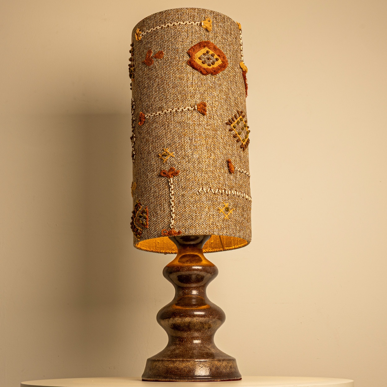 Brown Ceramic Table Lamp Earth Tones Emboidery Lampshade by R. Houben, 1970