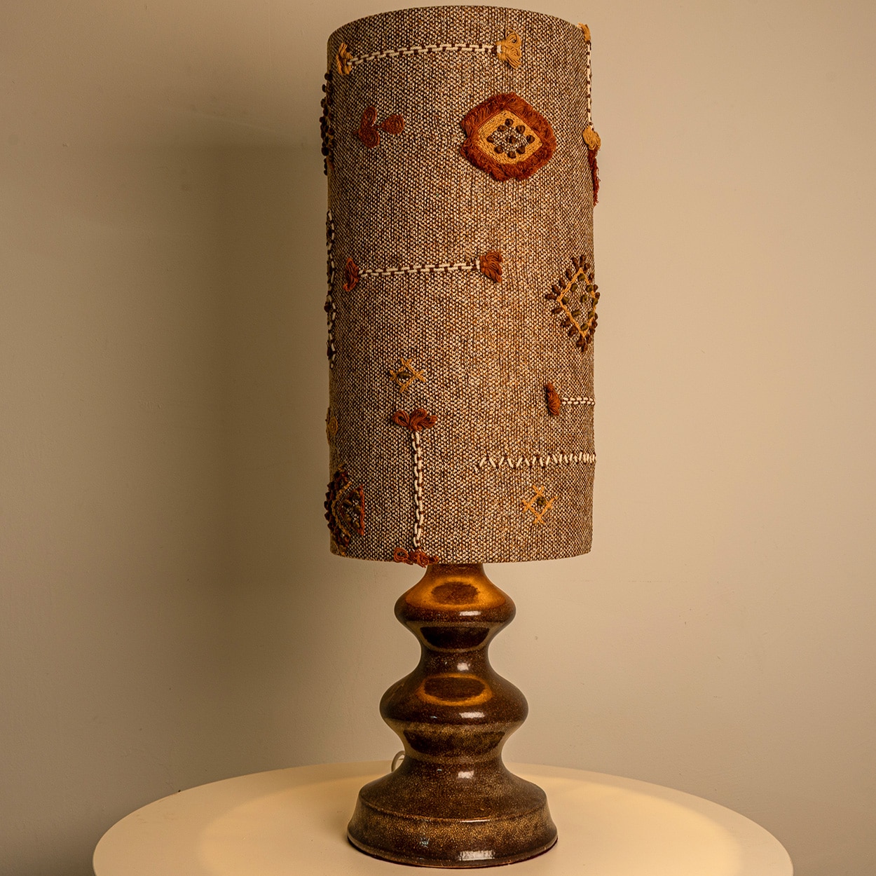 Brown Ceramic Table Lamp Earth Tones Emboidery Lampshade by R. Houben, 1970