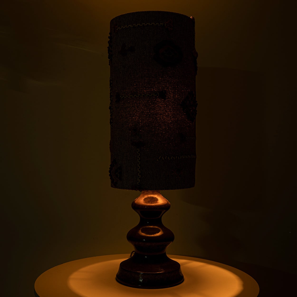 Brown Ceramic Table Lamp Earth Tones Emboidery Lampshade by R. Houben, 1970