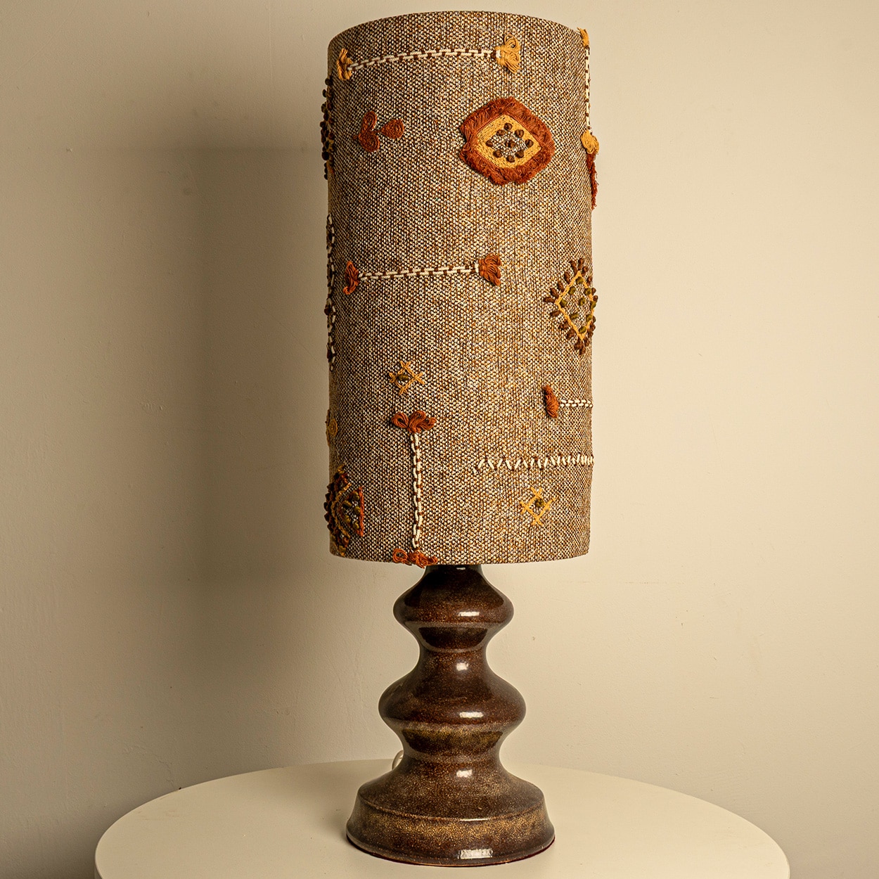 Brown Ceramic Table Lamp Earth Tones Emboidery Lampshade by R. Houben, 1970